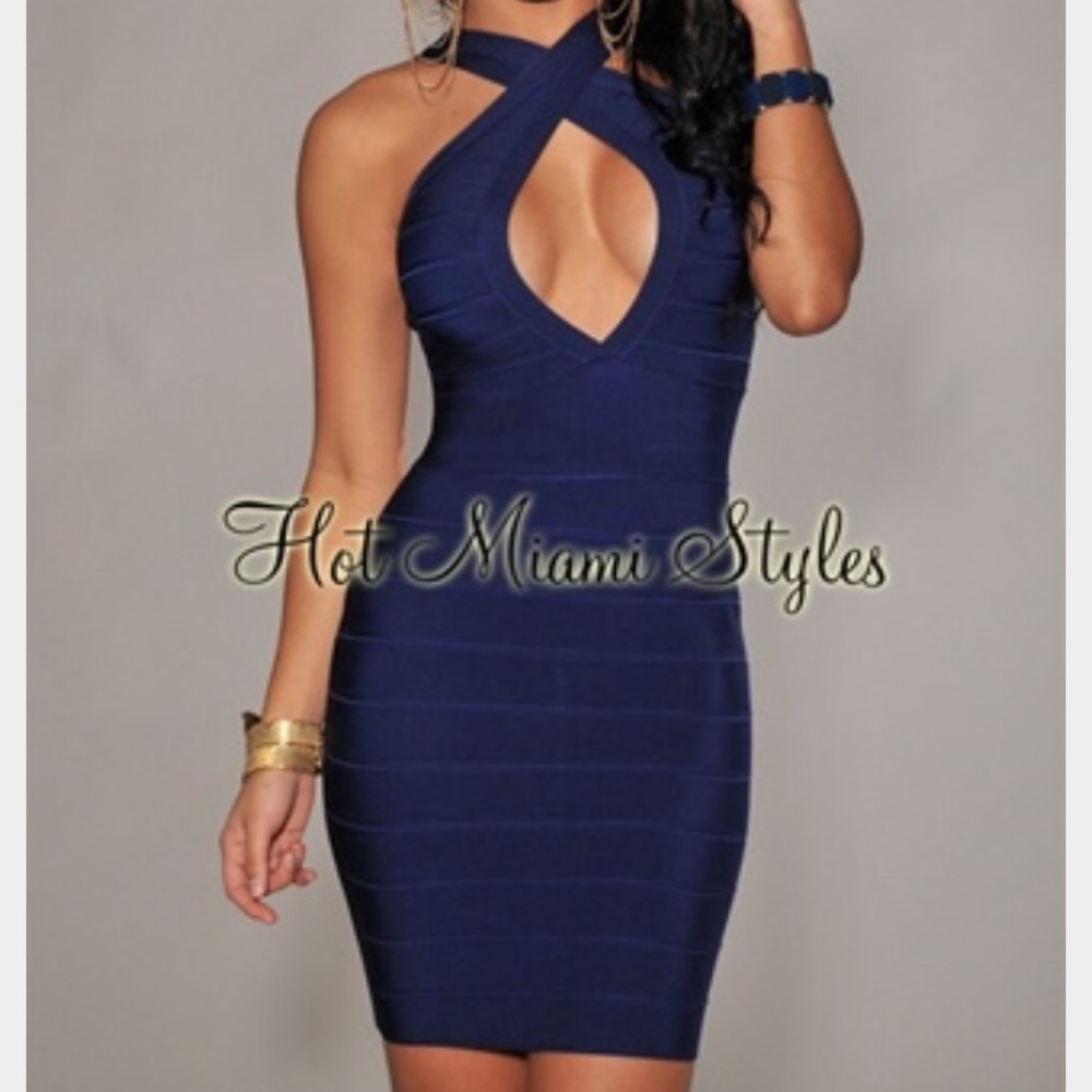 HMS navy deep v bandage dress